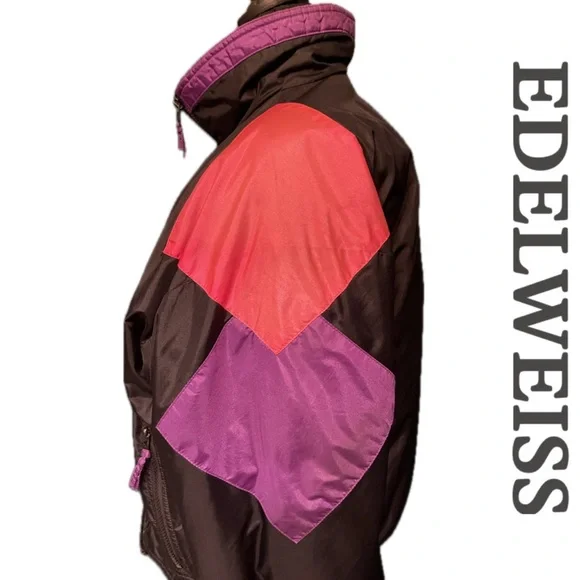 VINTAGE 80s 90s Edelweiss Skiwear Puffer Ski Jacket Snow Parka Black Pink Purple